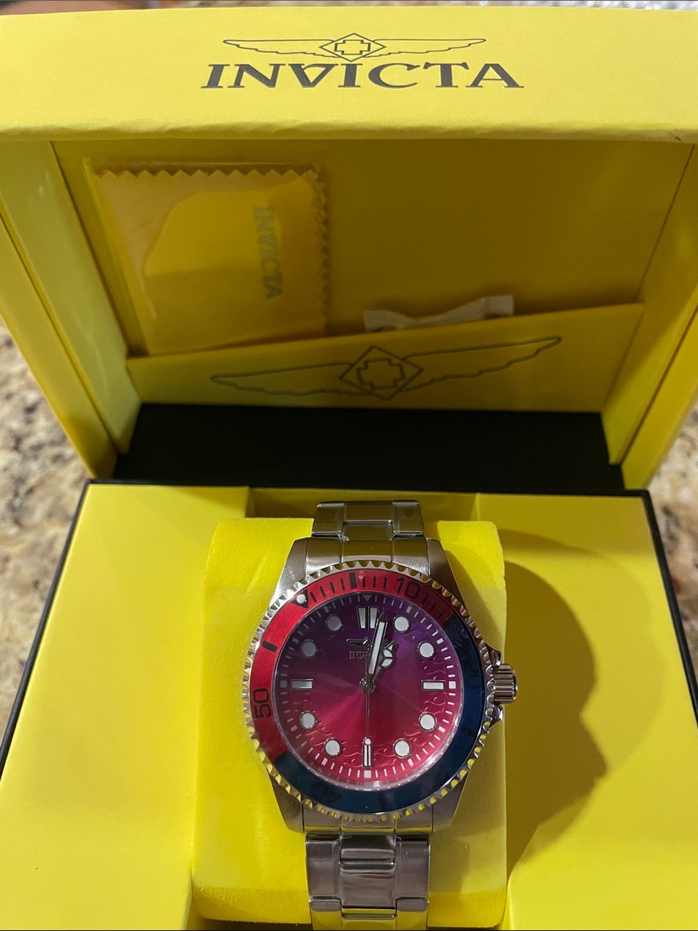 Invicta Pro Diver Men’s Silver Watch with Red Dial and Red /Blue Bezel